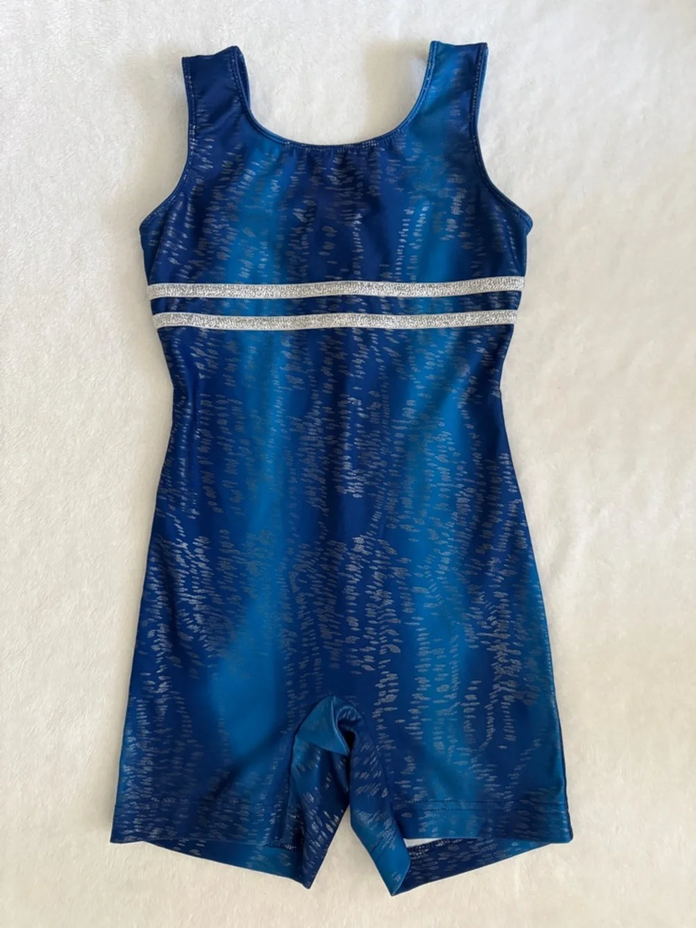 Danskin Now | Metallic Stripe Gymnastics Dance Biketard Leotard Blue Silver 6/6X